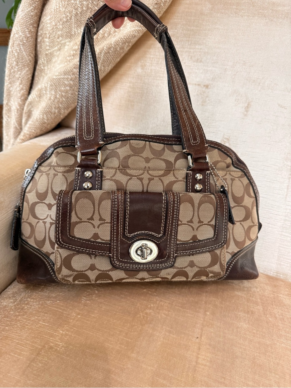 Coach Brown Hamptons Signature Canvas Shoulder Bag with Dark Leather Trim